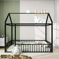thumbnail image 1 of DEALTOPS Full Size Metal House Bed with Fence, Montessori Floor Bed Frame for Kids, Black, 1 of 7