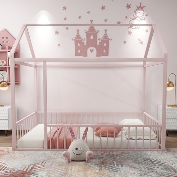 DEALTOPS Full Size Metal House Bed with Fence, Montessori Floor Bed Frame for Kids, Pink