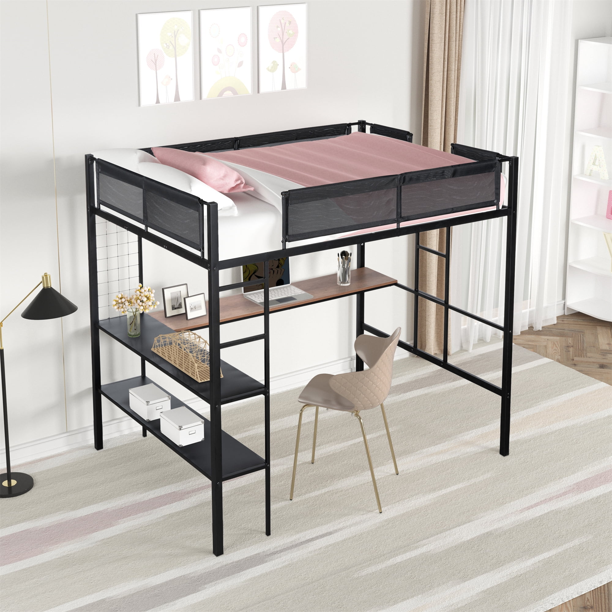 DEALTOPS Full Size Metal Loft Bed with Desk and 2-Tier Shelves and Grid Panel, Textilene Guardrail, Black