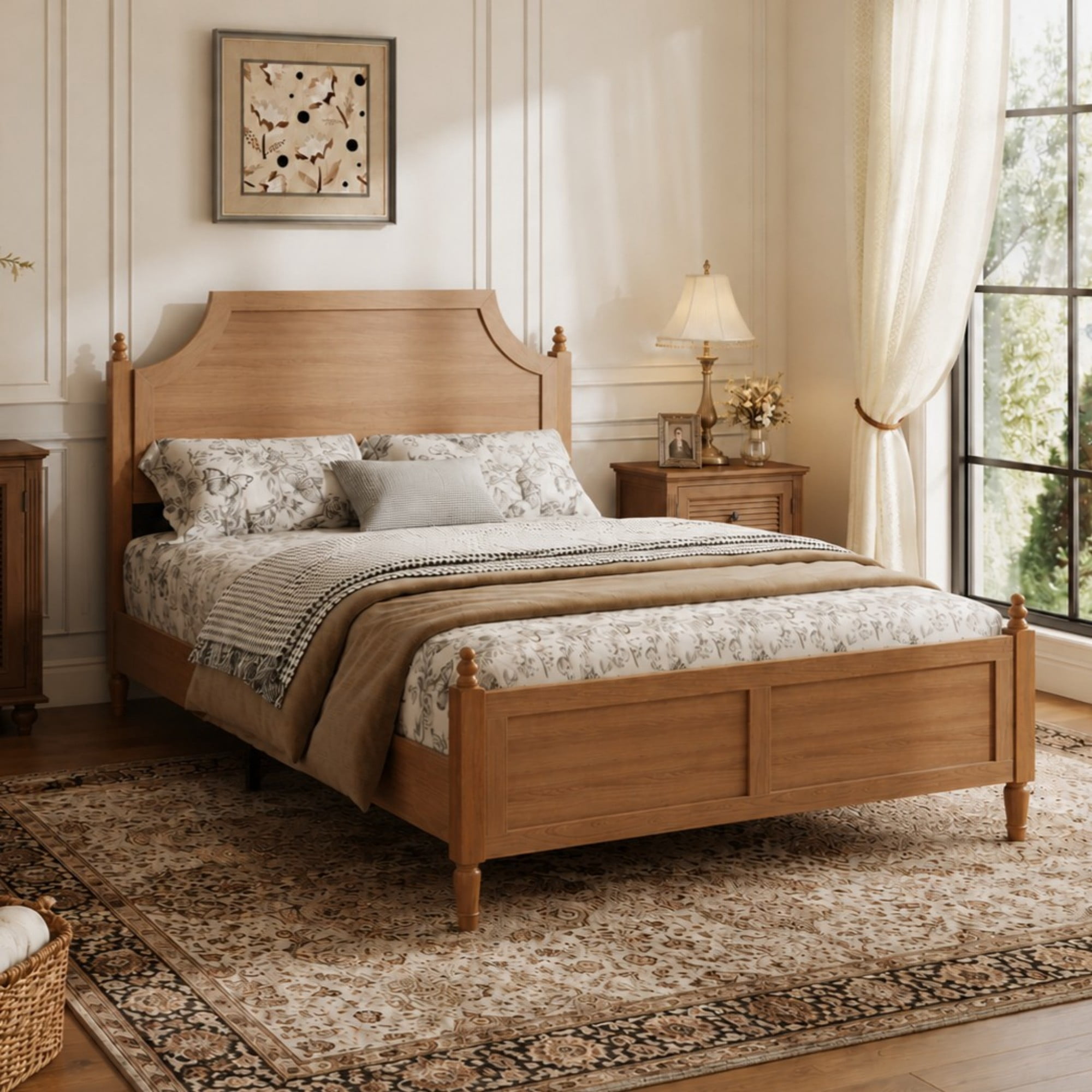 DEALTOPS Full Size Platform Bed Frame with Headboard & Footboard, Wood Farmhouse Bed, No Box Spring, Brown