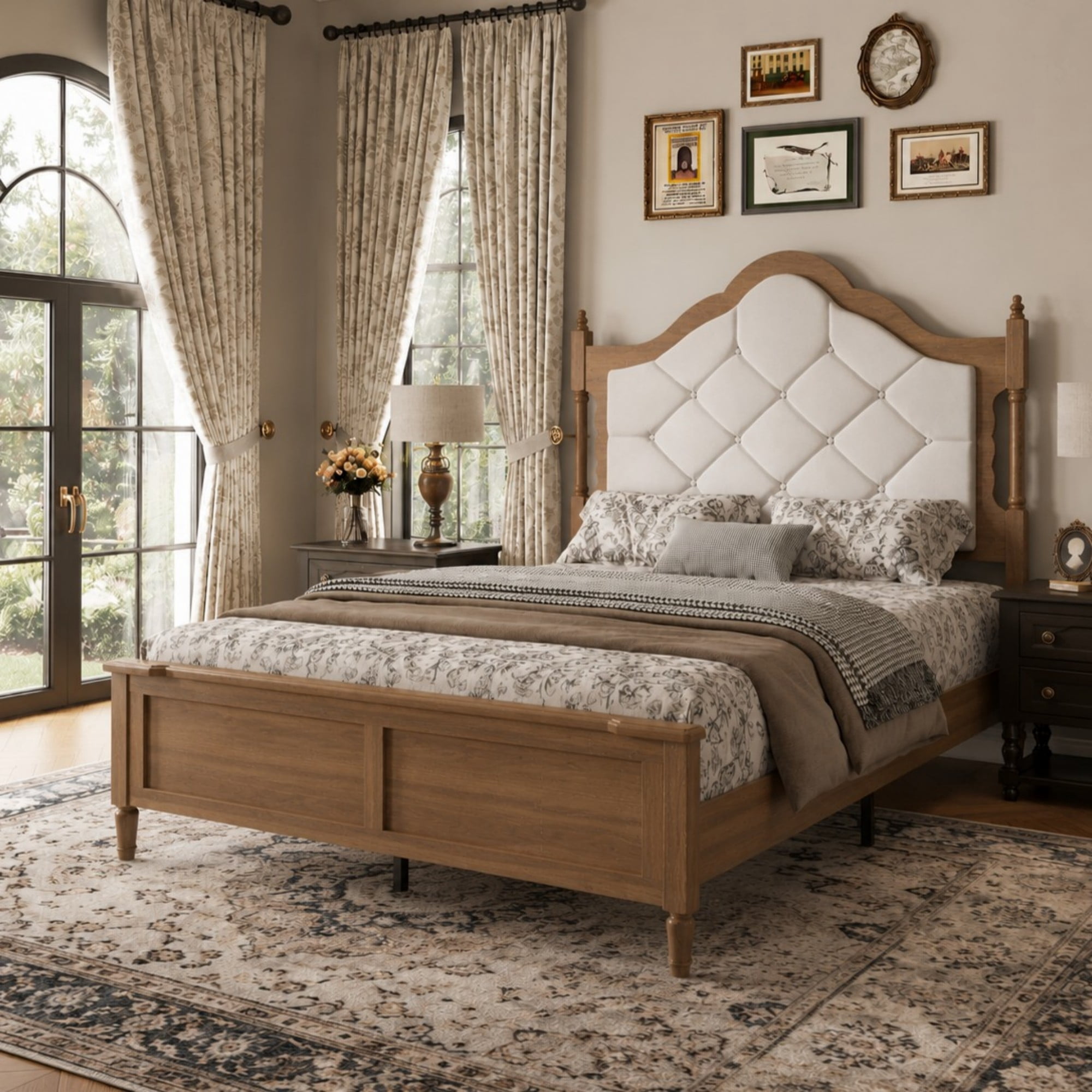 DEALTOPS Full Size Platform Bed Frame with Velvet Upholstered Headboard, Wood Farmhouse Bed, No Box Spring, Brown