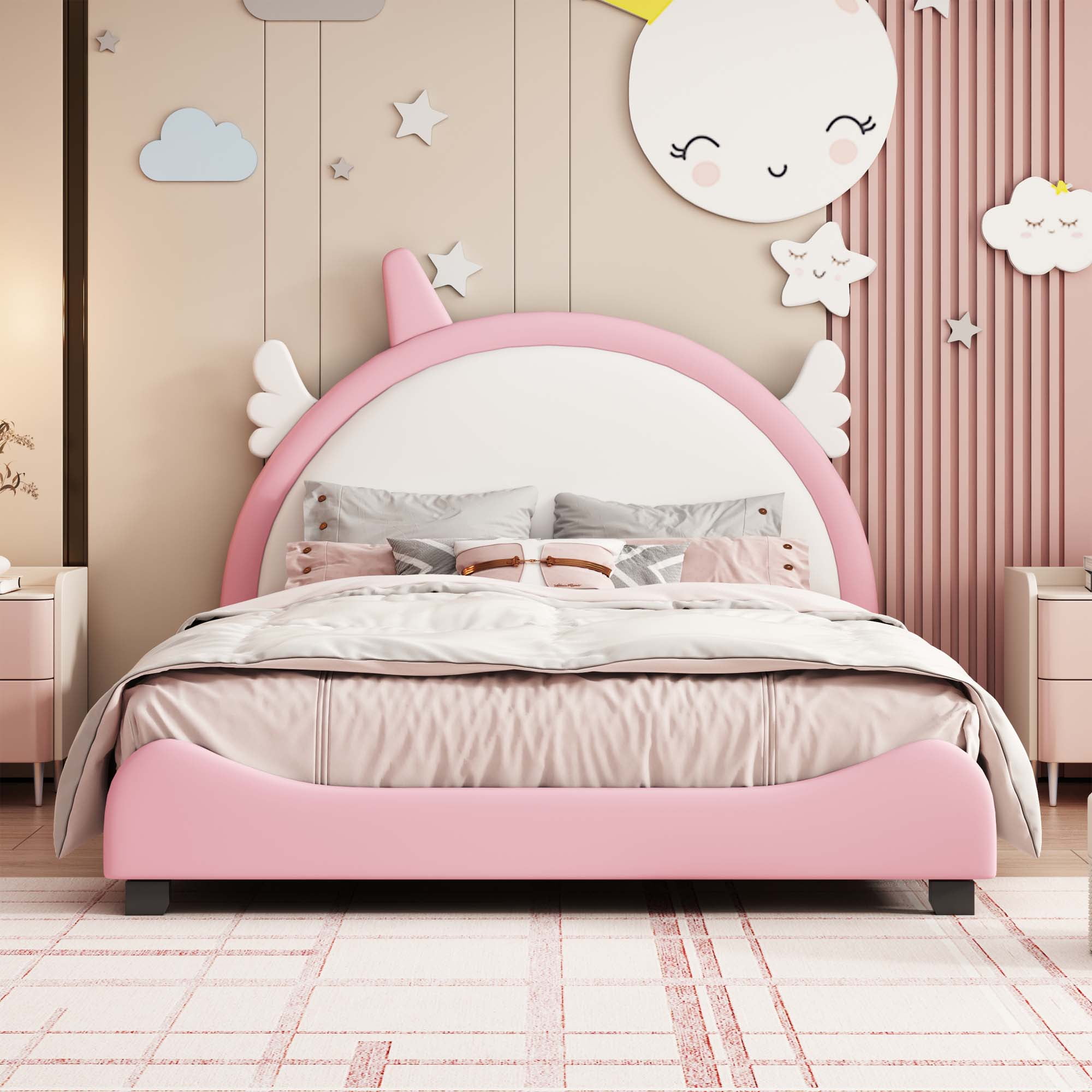 DEALTOPS Full Size Upholstered Bed with Unicorn Shape Headboard, Cute Platform Bed for Kids Teen, Pink