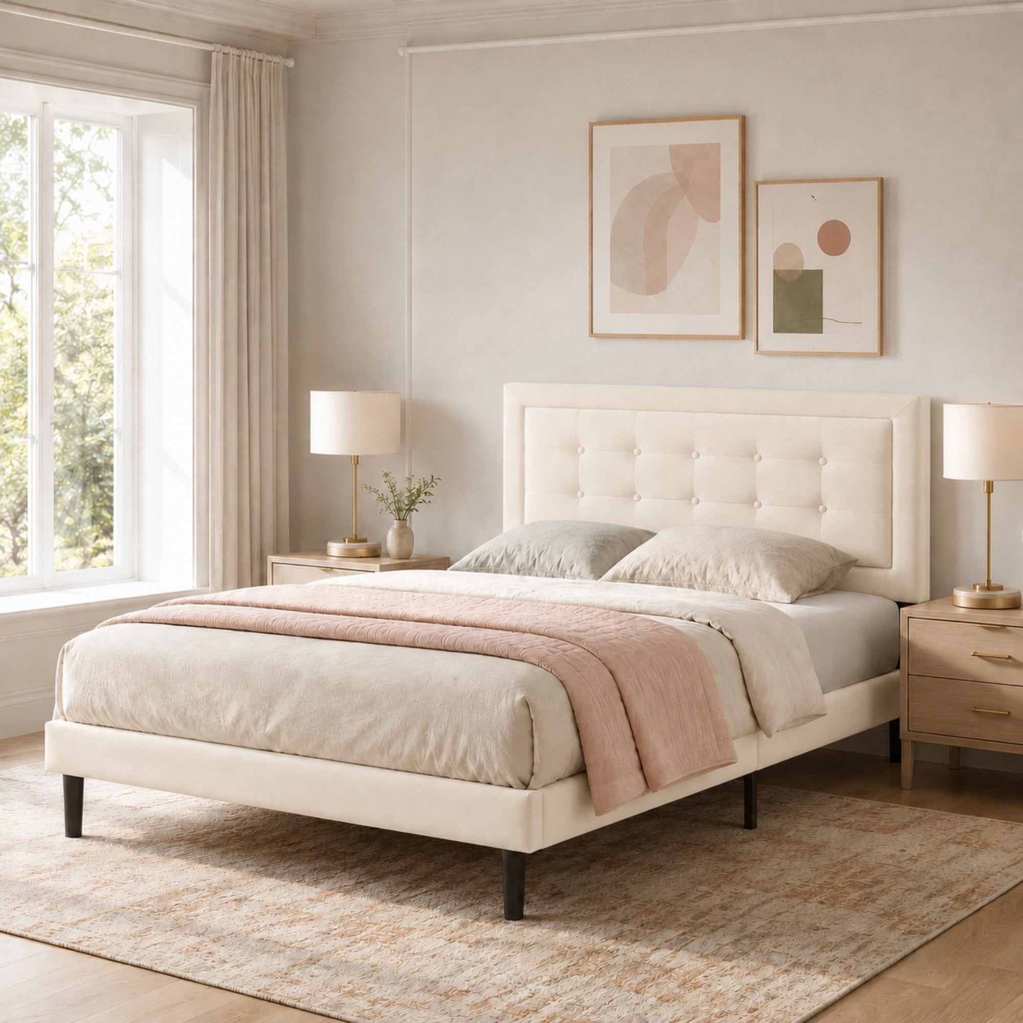 DEALTOPS Full Size Velvet Platform Bed Frame, Upholstered Tufted Headboard, No Box Spring, Beige