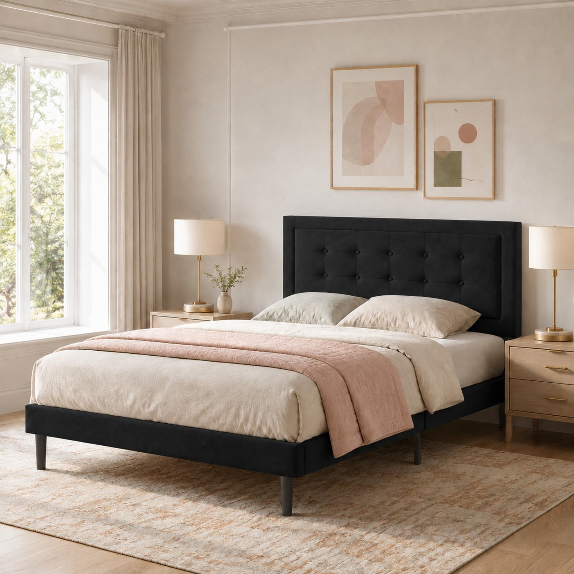 DEALTOPS Full Size Velvet Platform Bed Frame, Upholstered Tufted Headboard, No Box Spring, Black
