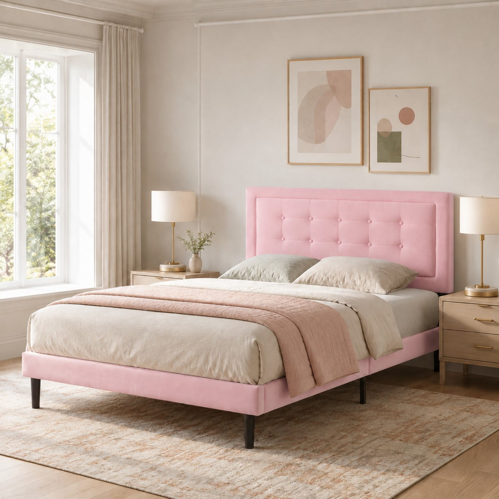 DEALTOPS Full Size Velvet Platform Bed Frame, Upholstered Tufted Headboard, No Box Spring, Pink
