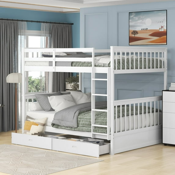 DEALTOPS Full over Full Bunk Bed with Ladder and 2 Drawers for Kids Adults Bedroom Furniture, White