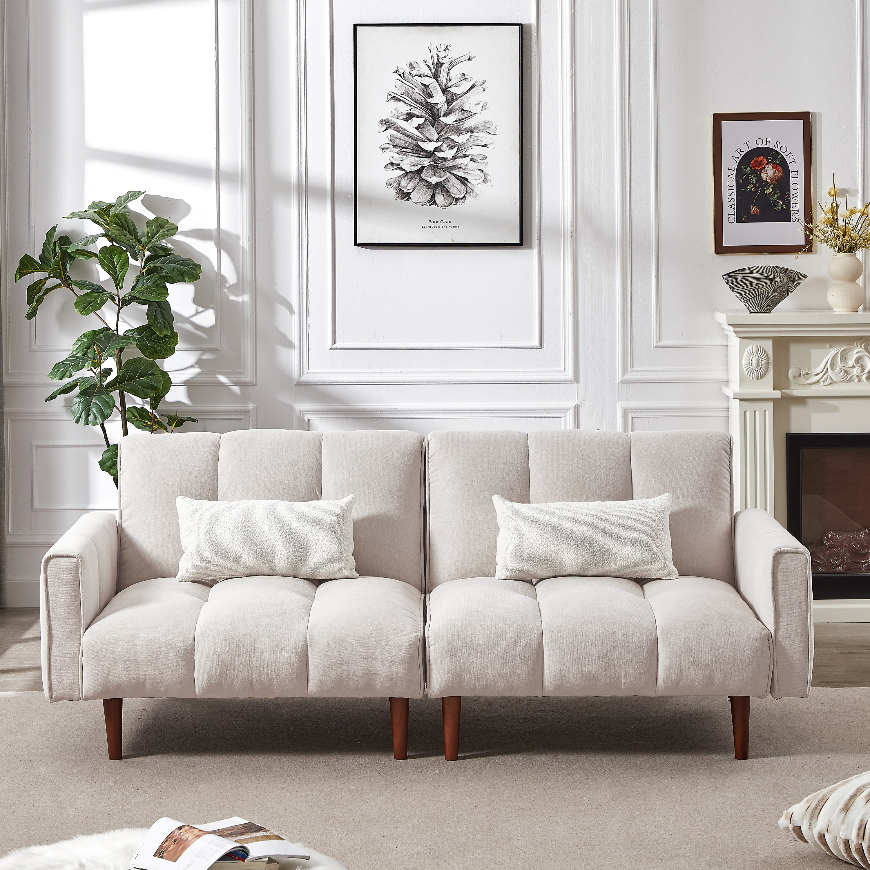 DEALTOPS Futon Convertible Sofa Bed, Upholstered Sleeper Sofa Couches Adjustable Back Loveseat for Living Room, Bedroom - Beige