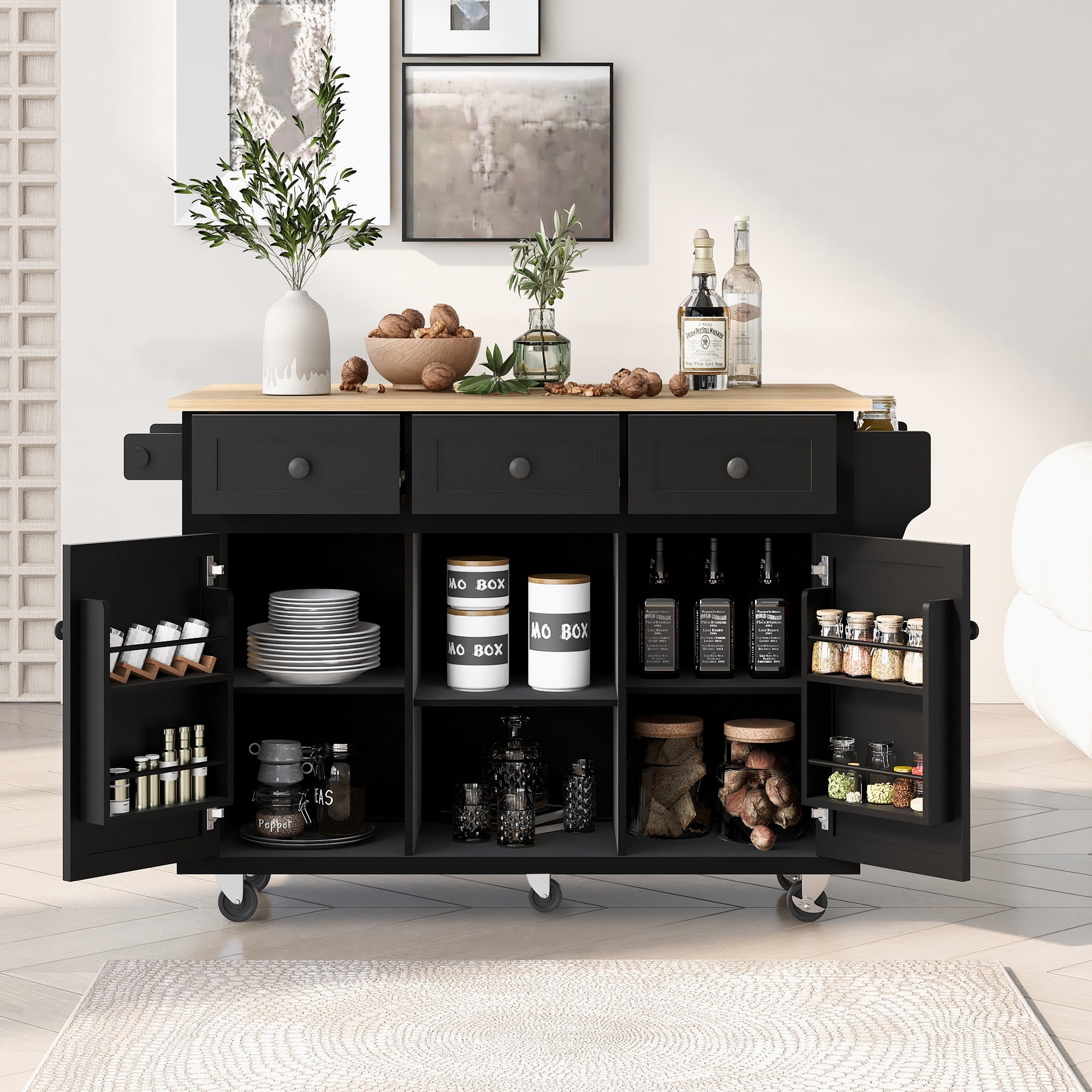 DEALTOPS Has Wheels Kitchen Island Cart with Storage Cabinets, Rubber Wood Black, 53.10 in