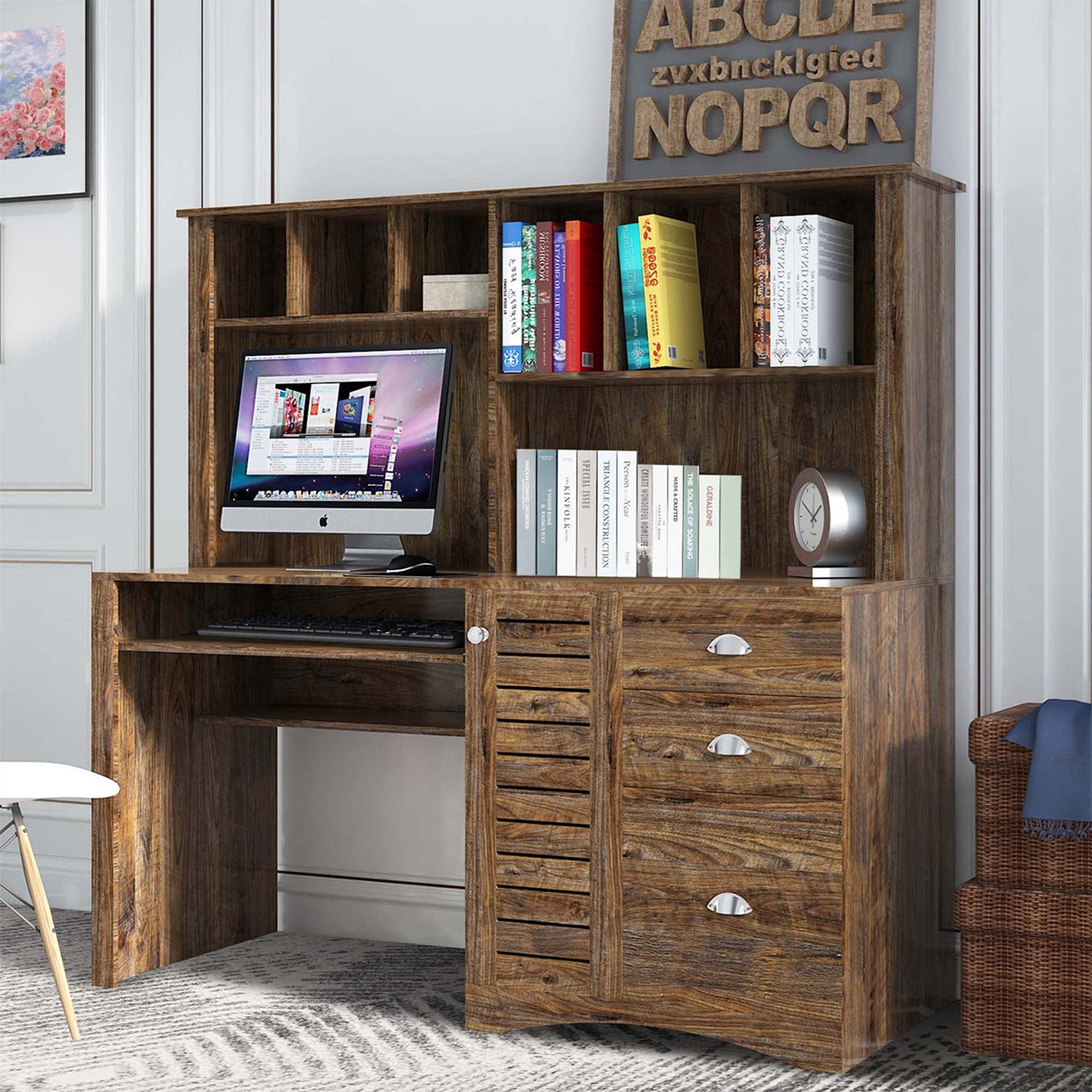 DEALTOPS Home Office Computer Desk with Hutch, 3 Drawers, Study