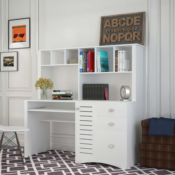 DEALTOPS Home Office Computer Desk with Hutch, 3 Drawers, Study Table, Keyboard Tray, White