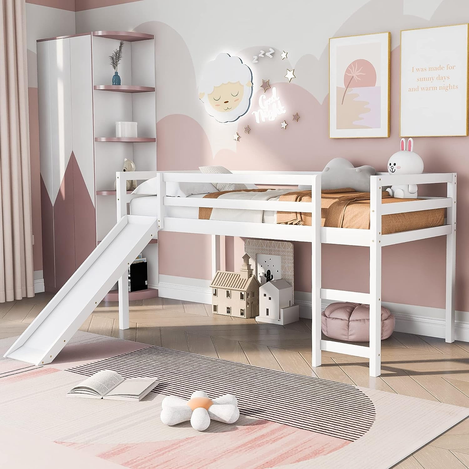 DEALTOPS Kids Family Pinewood Loft Bed with Slide and Ladder, White