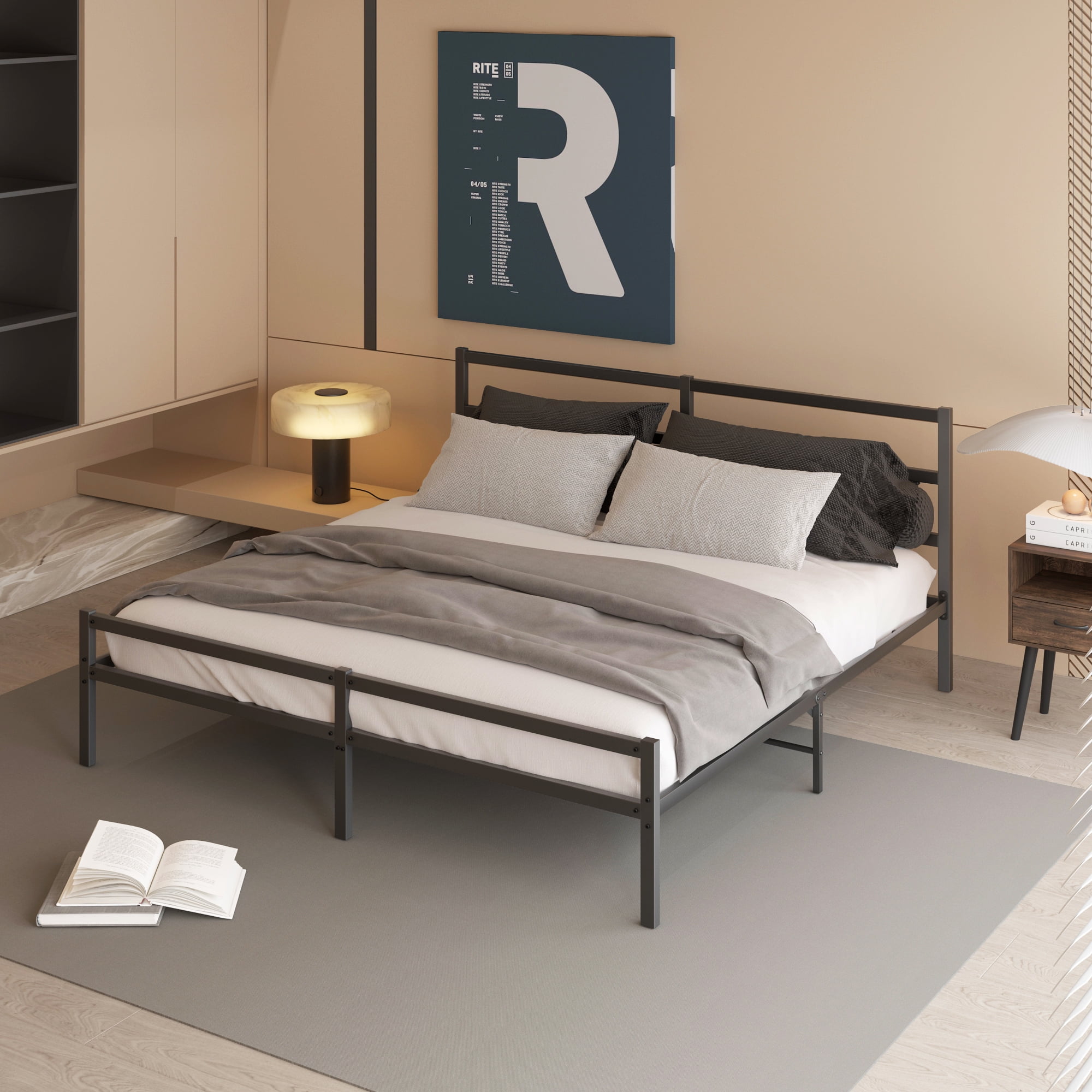 DEALTOPS King Metal Platform Bed with Headboard and Footboard, Sturdy Metal Frame, Bedroom, Black