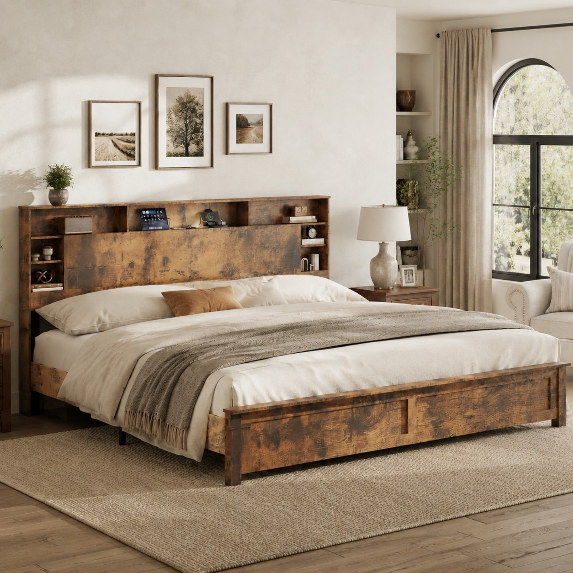 DEALTOPS King Size Platform Bed Frame with Storage Headboard, LED Light & Charging Station, Rustic Brown