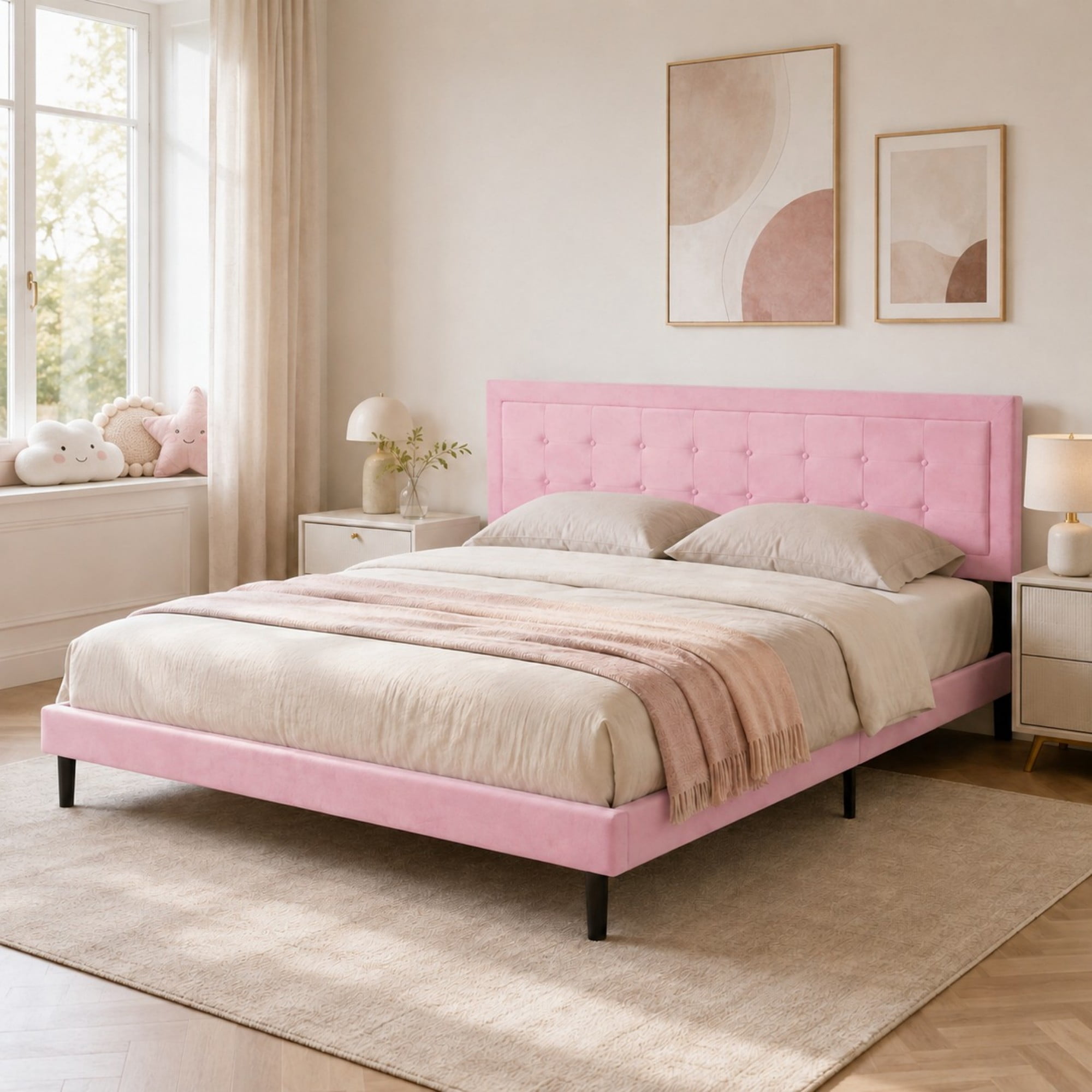 DEALTOPS King Size Velvet Platform Bed Frame, Upholstered Tufted Headboard, No Box Spring, Pink