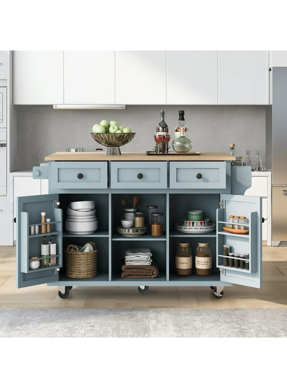 DEALTOPS Kitchen Island Cart with wheels and Rubber wood Drop-Leaf Countertop,Cabinet door internal storage racks,Kitchen Island on 5 Wheels with Storage Cabinet & 3 Drawers for Dinning Room-Blue