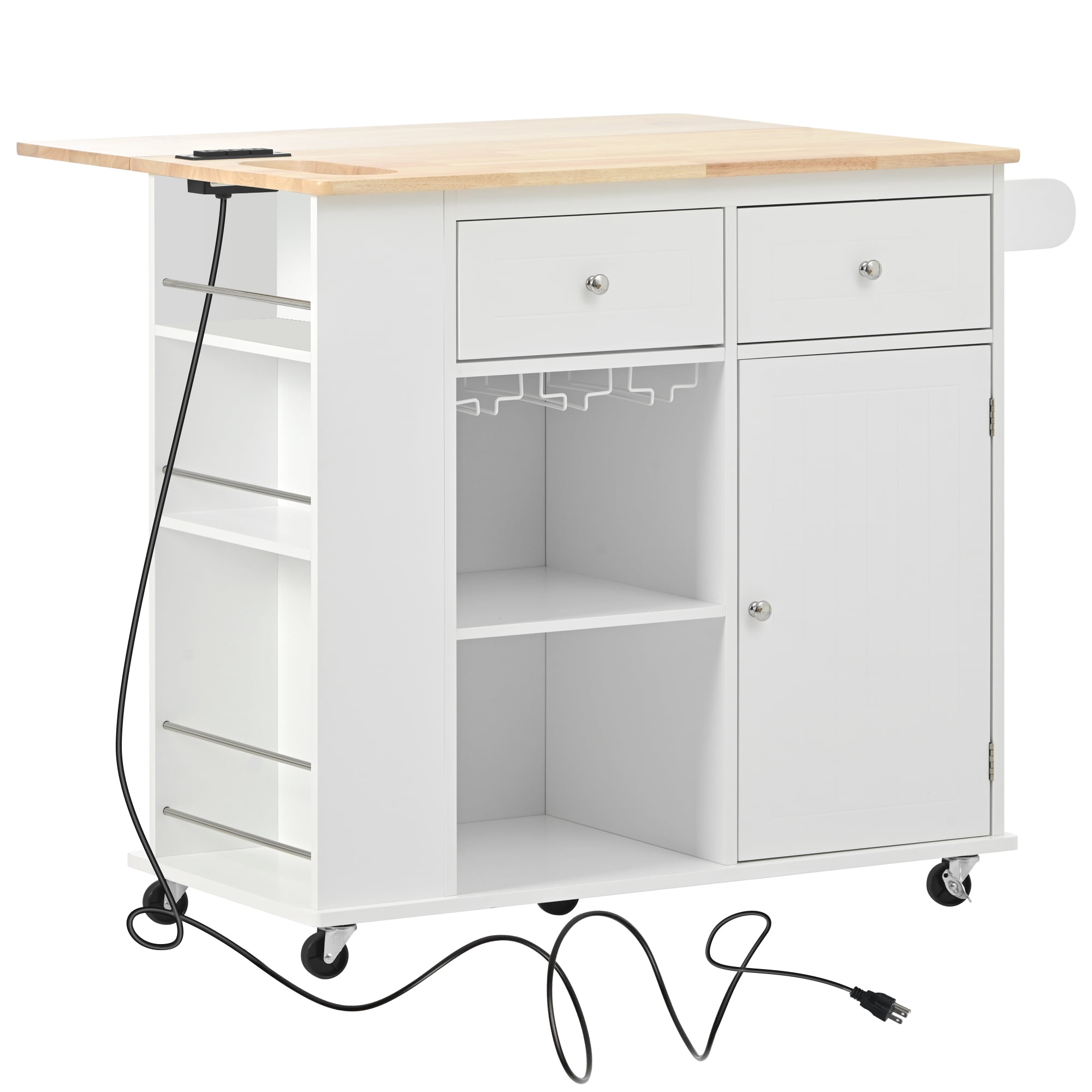 DEALTOPS Kitchen Island with Power Outlet,Kitchen Storage Island with Drop Leaf and Rubber Wood,Open Storage and Wine Rack,with Adjustable Storage for Home, Kitchen, and Dining Room-White