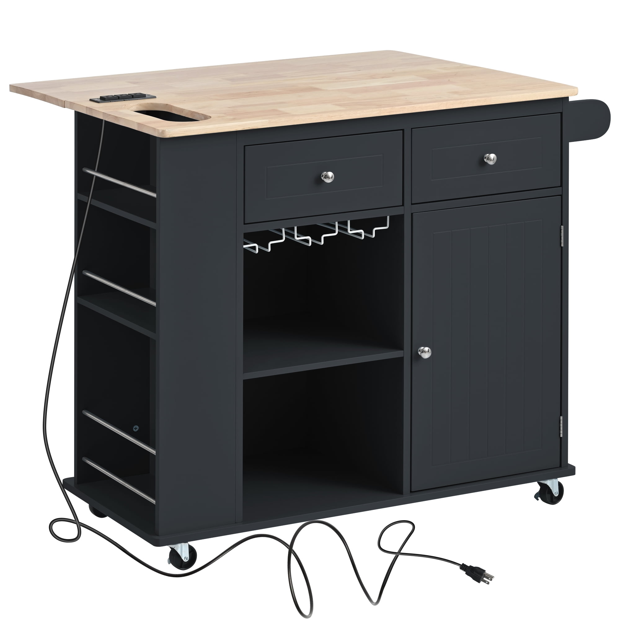 DEALTOPS Kitchen Island with Power Outlet,Kitchen Storage Island with Drop Leaf and Rubber Wood,Open Storage and Wine Rack,with Adjustable Storage for Home, Kitchen, and Dining Room-Black