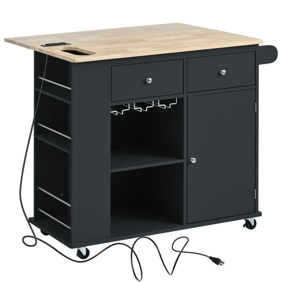 DEALTOPS Kitchen Island with Power Outlet,Kitchen Storage Island with Drop Leaf and Rubber Wood,Open Storage and Wine Rack,with Adjustable Storage for Home, Kitchen, and Dining Room-Black