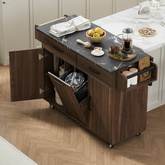 DEALTOPS Kitchen Island with Trash Can Storage Cabinet, Kitchen Cart with Drop Leaf, Spice Rack, Towel Rack and Drawer, Rolling Kitchen Island on Wheels with Adjustable Shelf-Walnut Brown