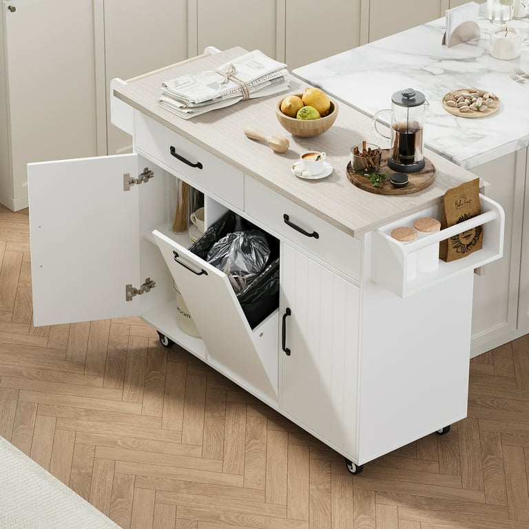 DEALTOPS Kitchen Island with Trash Can Storage Cabinet, Kitchen
