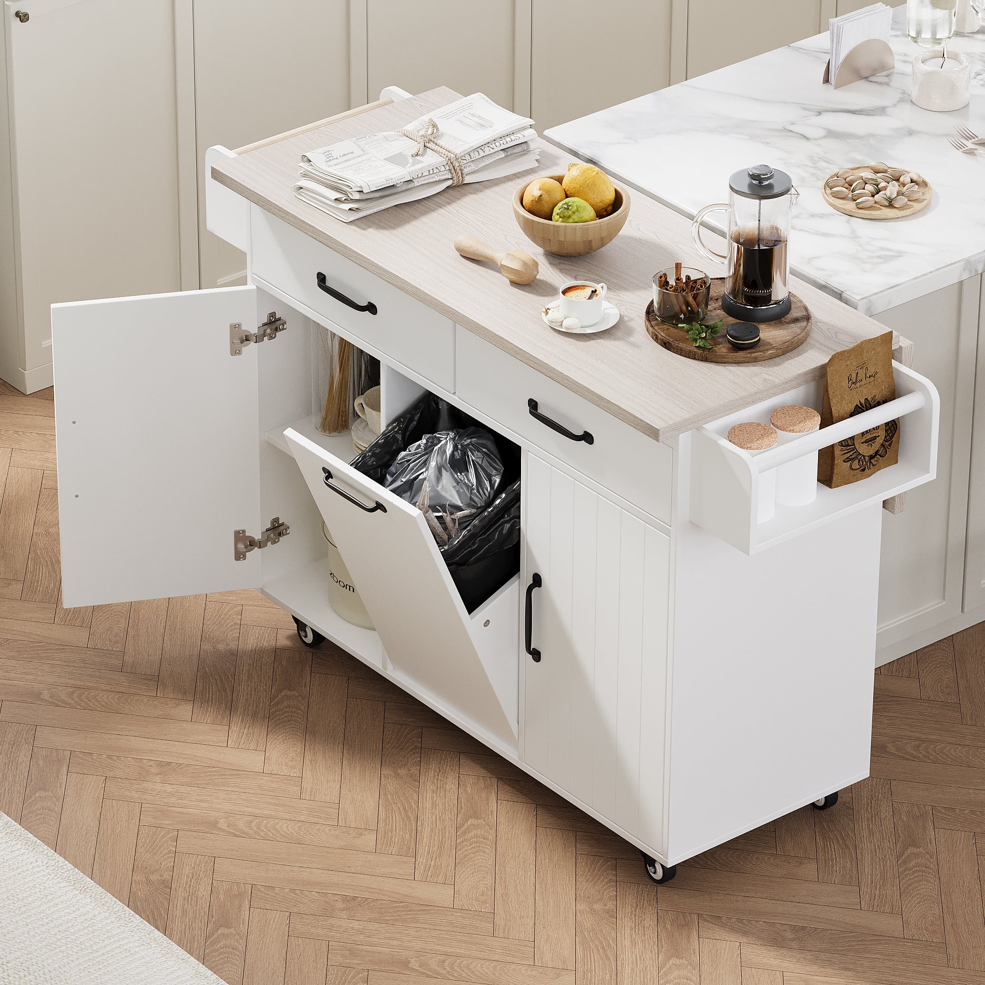 DEALTOPS Kitchen Island with Trash Can Storage Cabinet, Kitchen Cart with Drop Leaf, Spice Rack, Towel Rack and Drawer, Rolling Kitchen Island on Wheels with Adjustable Shelf-White