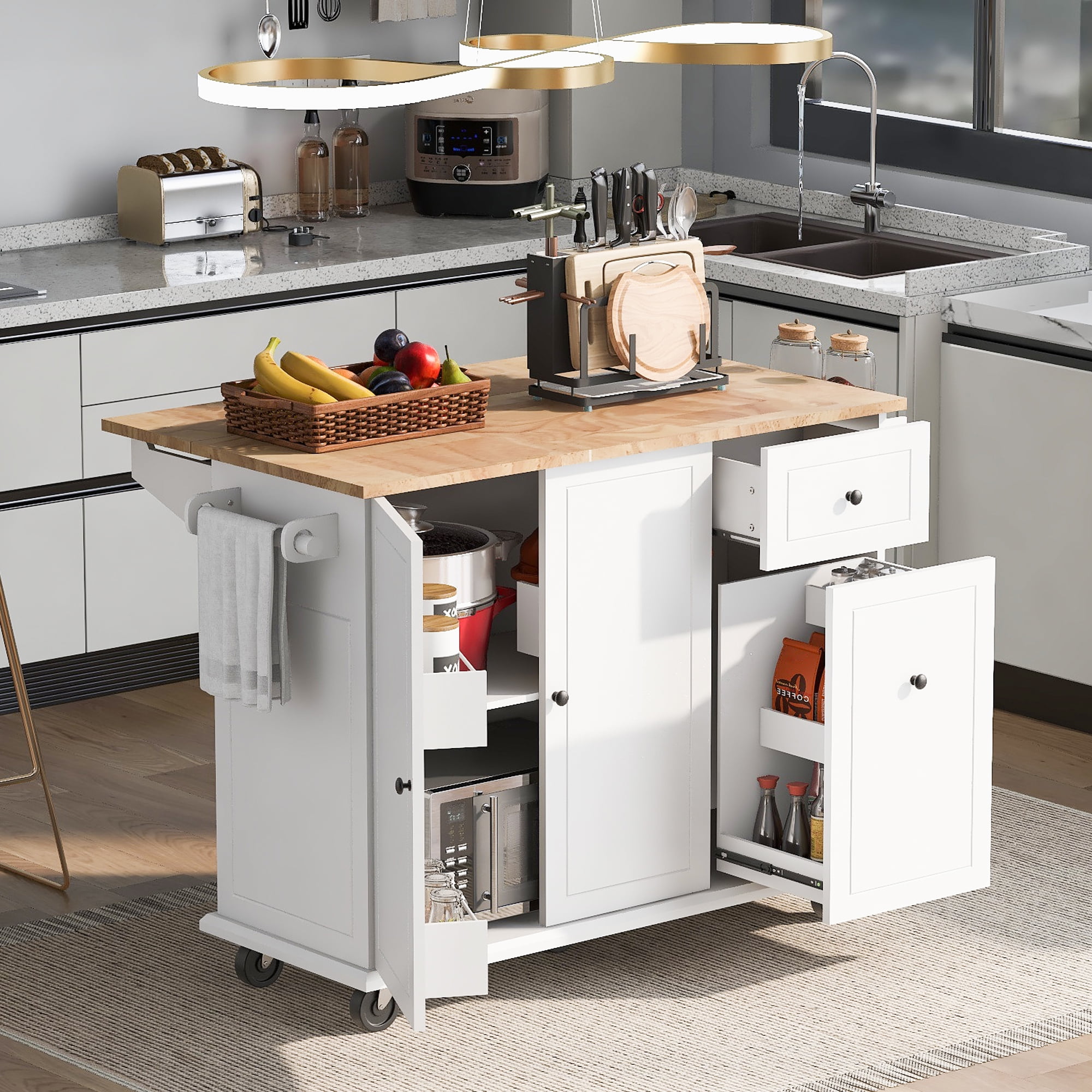 DEALTOPS Kitchen Island with Drop Leaf, 53.9" Rolling Kitchen Cart on Wheels with Storage Rack and Pull Out Cabinet Organizer-White