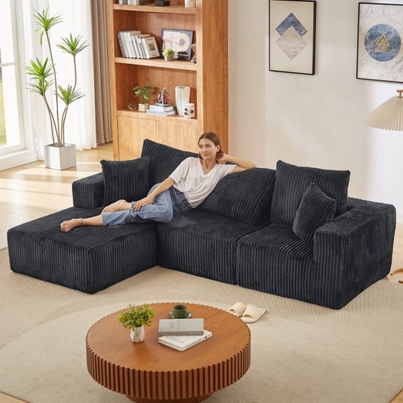 DEALTOPS L-Shaped Corduroy Sectional Sofa, 4-Seater Convertible Couch with Chaise, No Assembly, Dark Gray