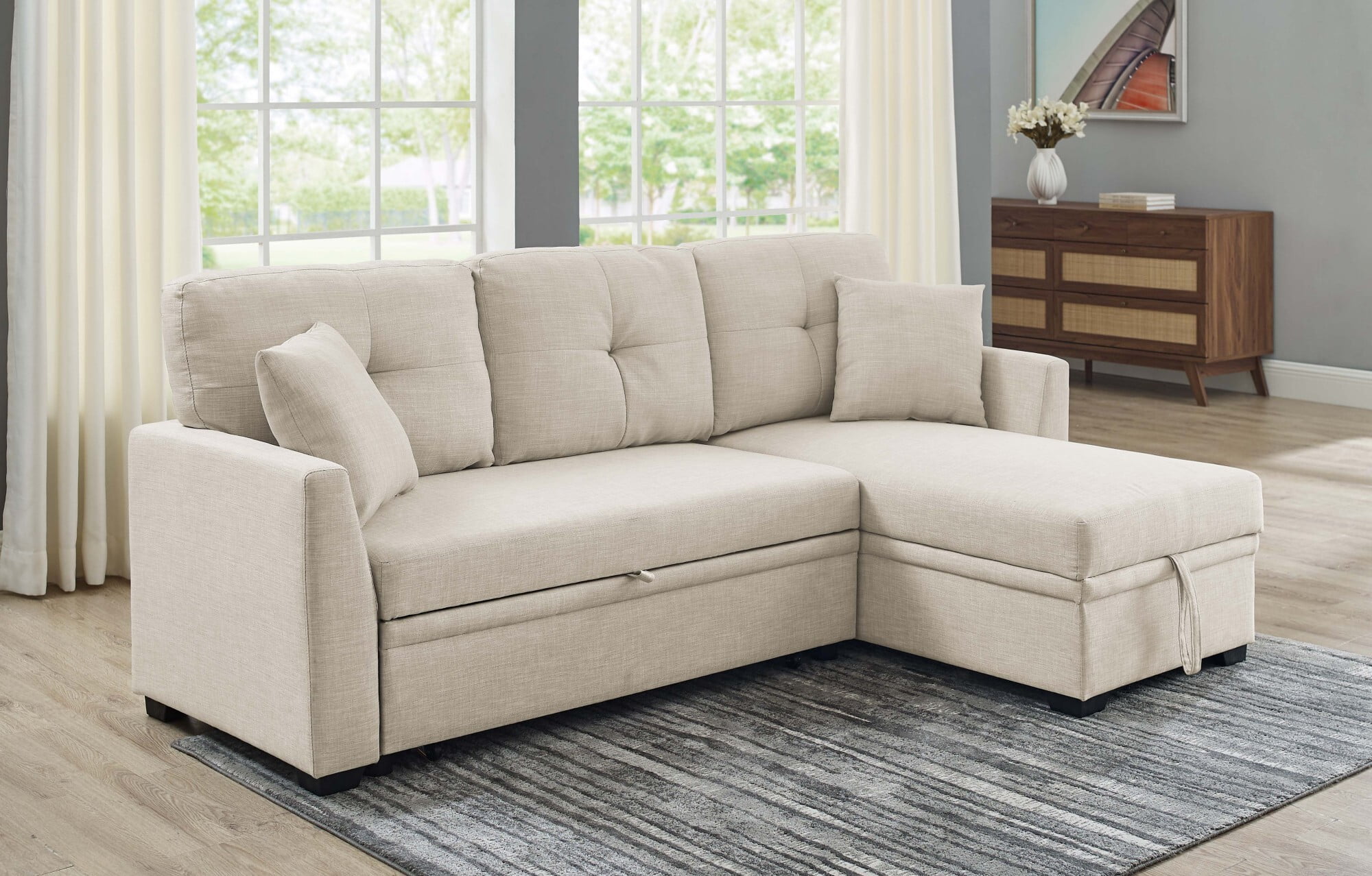 DEALTOPS L-Shaped Sectional Sofa Bed with Reversible Storage Chaise, Pull-Out Sleeper Couch for Living Room, Almond