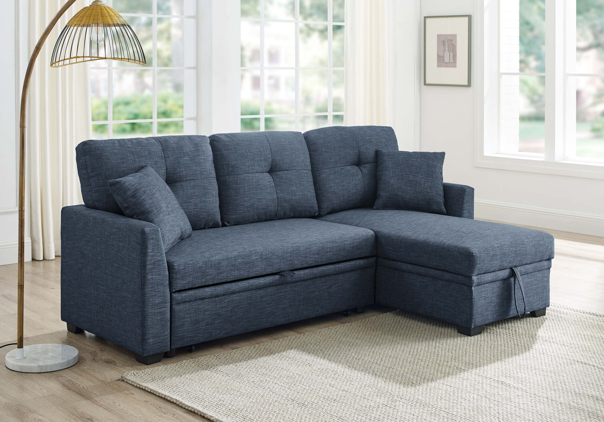 DEALTOPS L-Shaped Sectional Sofa Bed with Reversible Storage Chaise, Pull-Out Sleeper Couch for Living Room, Dark Blue