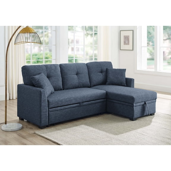 DEALTOPS L-Shaped Sectional Sofa Bed with Reversible Storage Chaise, Pull-Out Sleeper Couch for Living Room, Dark Blue