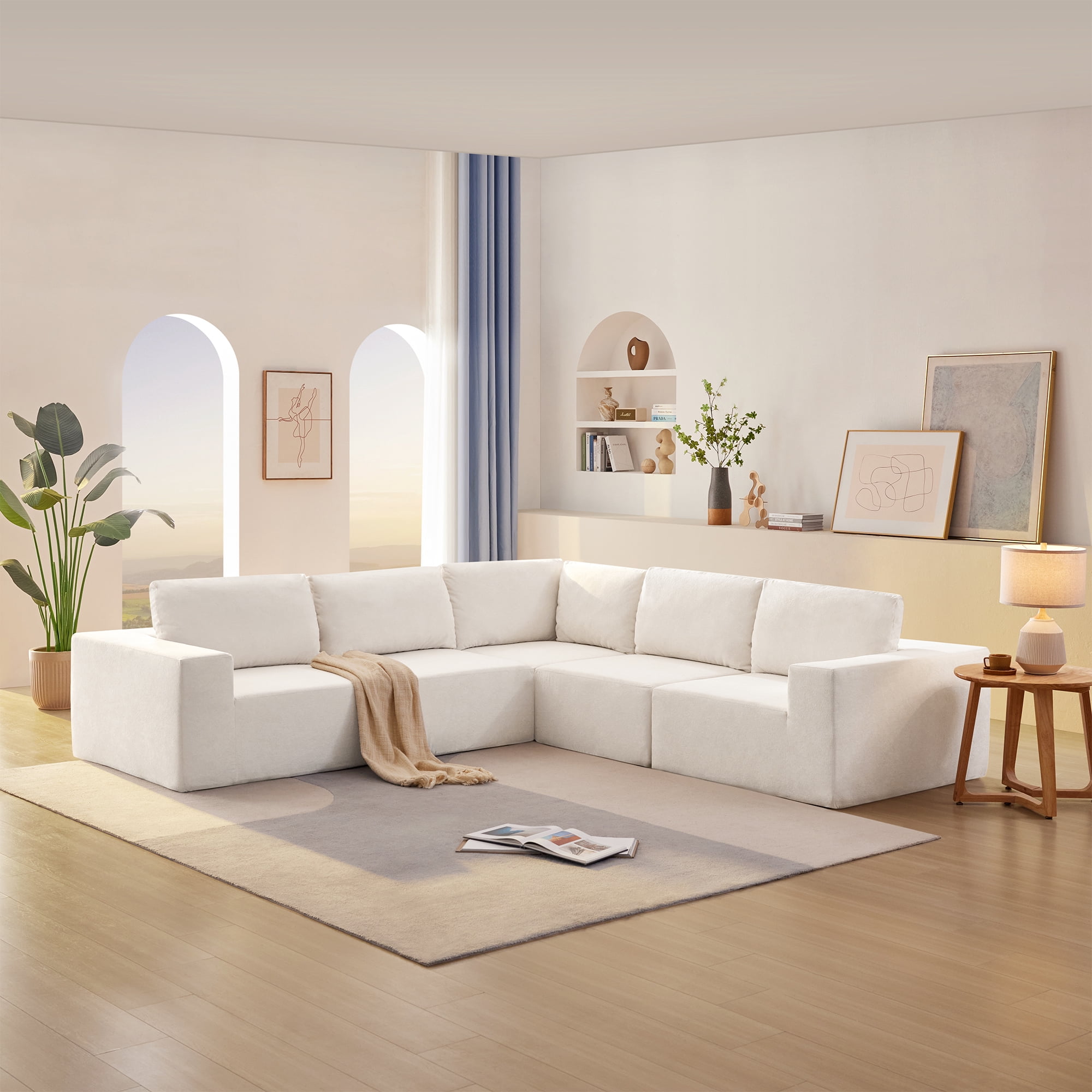 DEALTOPS L Shaped Sectional Sofa Couch, Pure Sponge Sleeper Sofa for Living Room, No Assembly Required, White