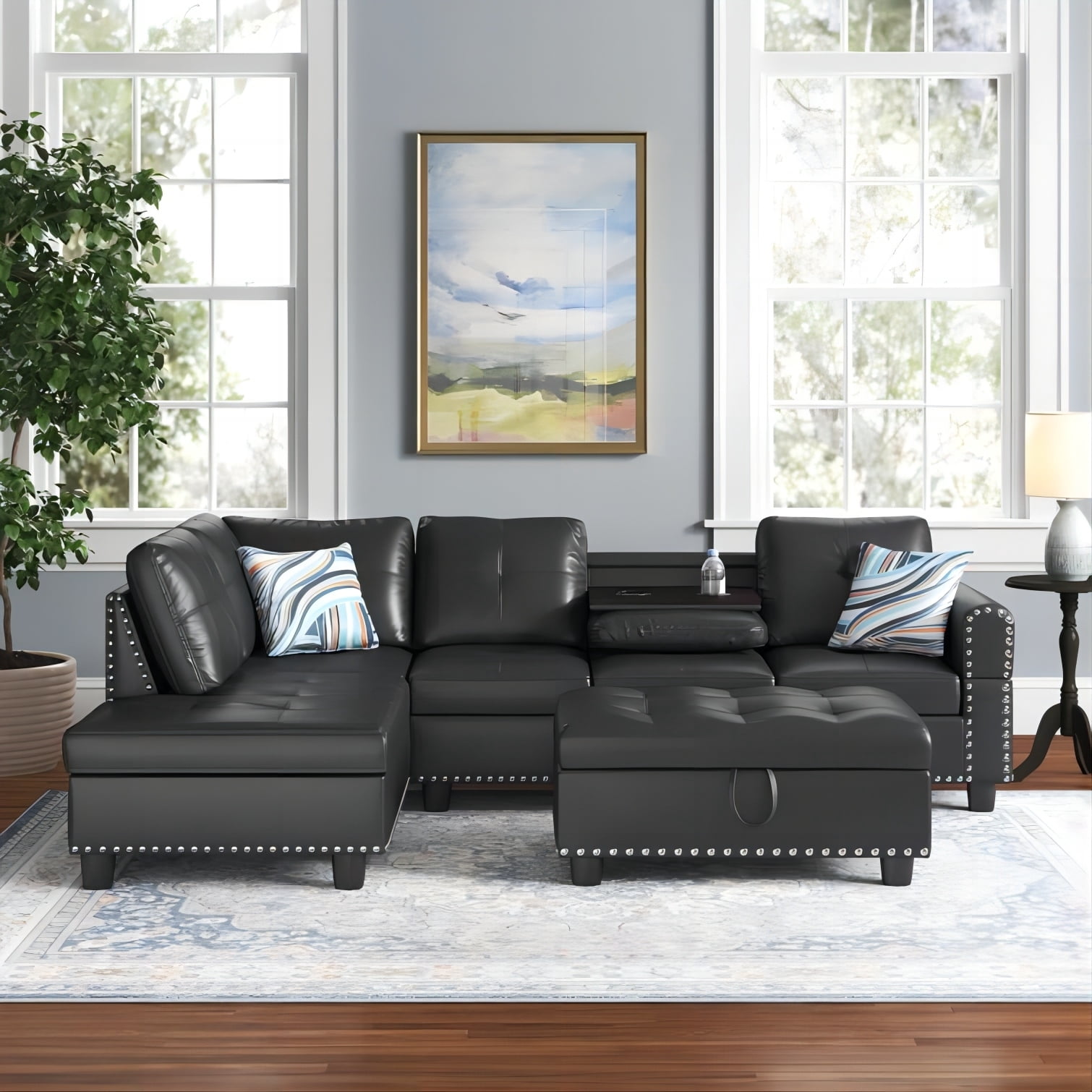 DEALTOPS L-Shaped Sectional Sofa Set with Storage Ottoman - Leather Upholsted Sofa Couch, Nailhead Trim, Black
