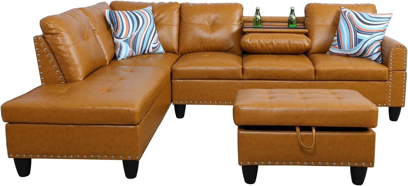 DEALTOPS L-Shaped Sectional Sofa Set with Storage Ottoman - Leather Upholsted Sofa Couch, Nailhead Trim, Yellow