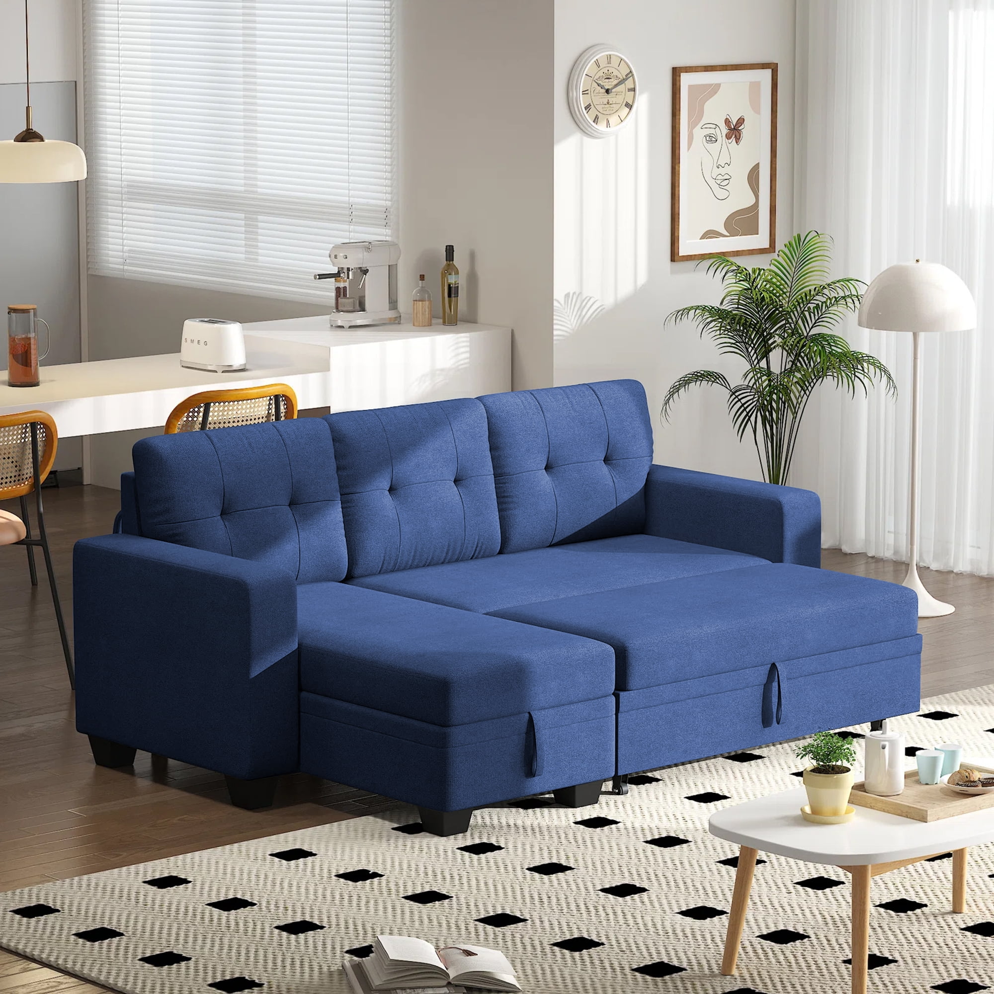DEALTOPS Linen Reversible Sleeper Sectional Sofa Bed with Storage Chaise,Blue
