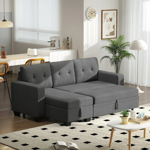 DEALTOPS Linen Reversible Sleeper Sectional Sofa Bed with Storage Chaise,Dark Gray