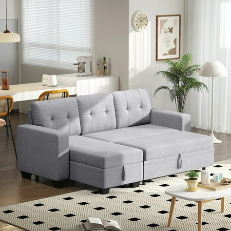 DEALTOPS Linen Reversible Sleeper Sectional Sofa Bed with Storage Chaise,Gray