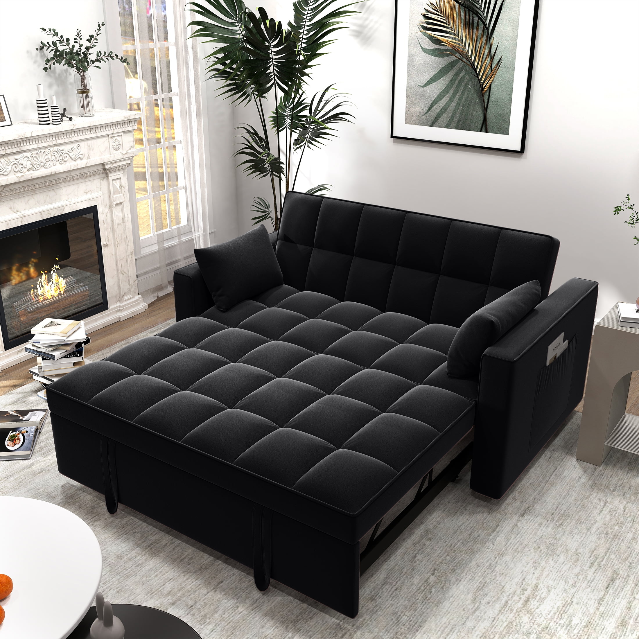 DEALTOPS Loveseat Convertible Pull Out Sleeper Sofa Bed, Black