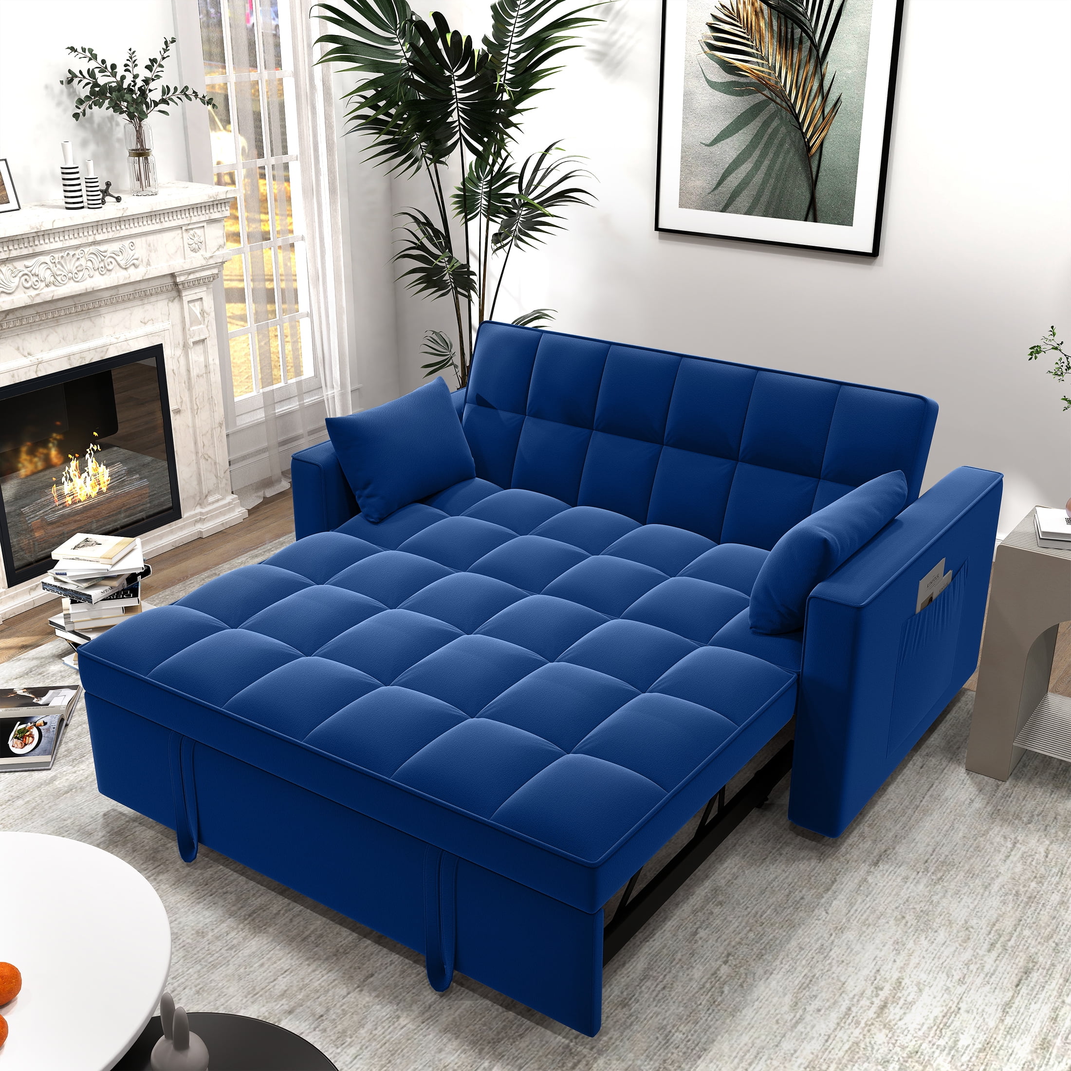 DEALTOPS Loveseat Convertible Pull Out Sleeper Sofa Bed, Blue