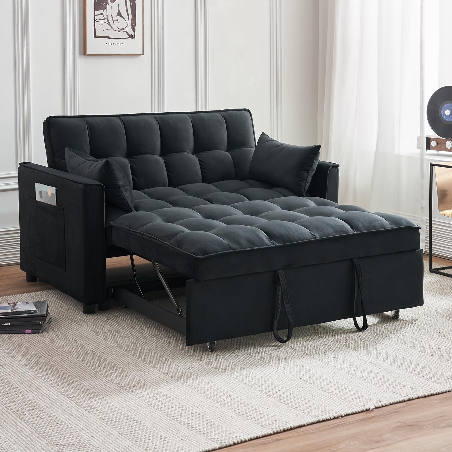 DEALTOPS Loveseat Sleeper Sofa Bed, Pull-Out Couch - Full Size Black