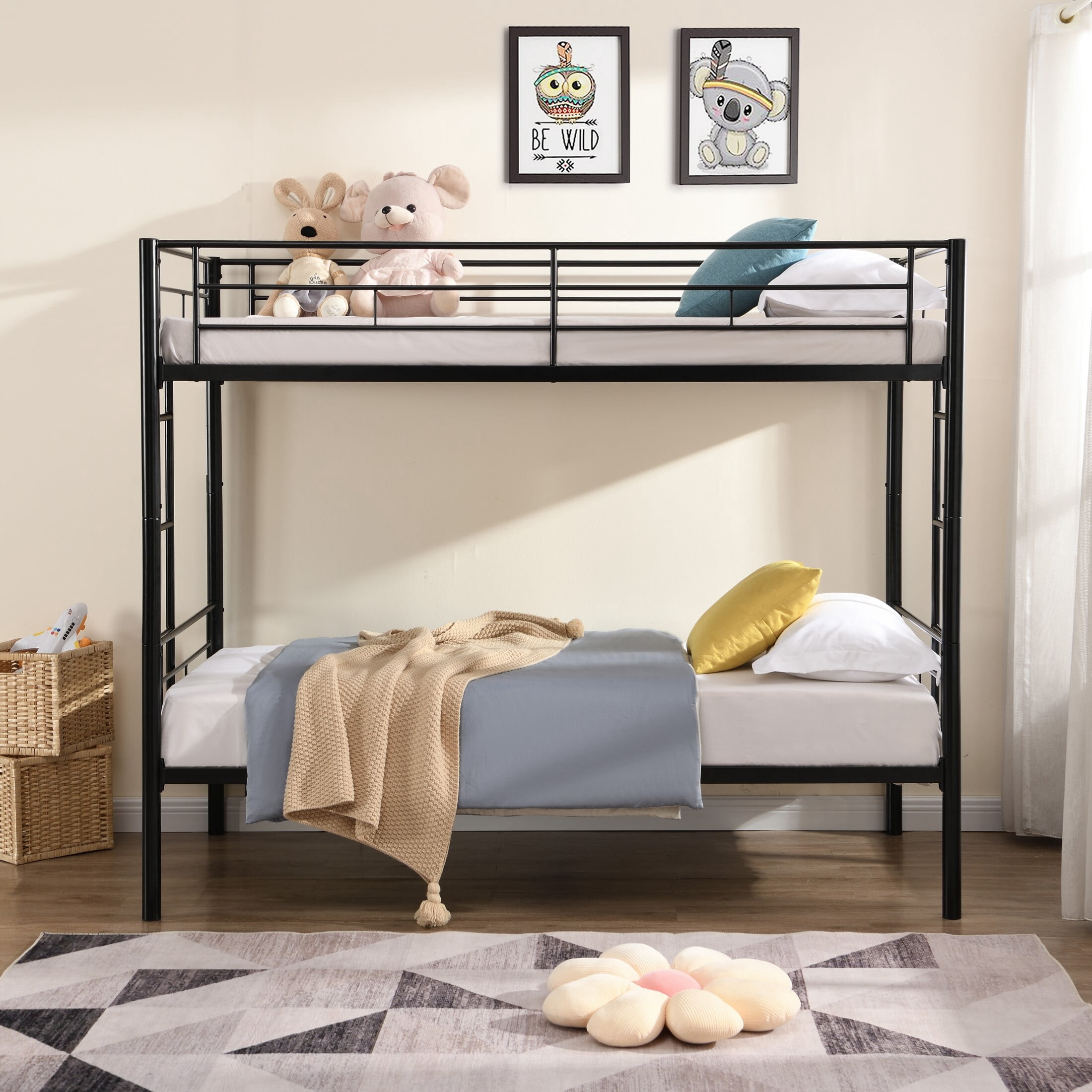 DEALTOPS Metal Bunk Bed Twin Over Twin, Durable Bunk Bed with Ladder and Full-Length Guardrail, Black
