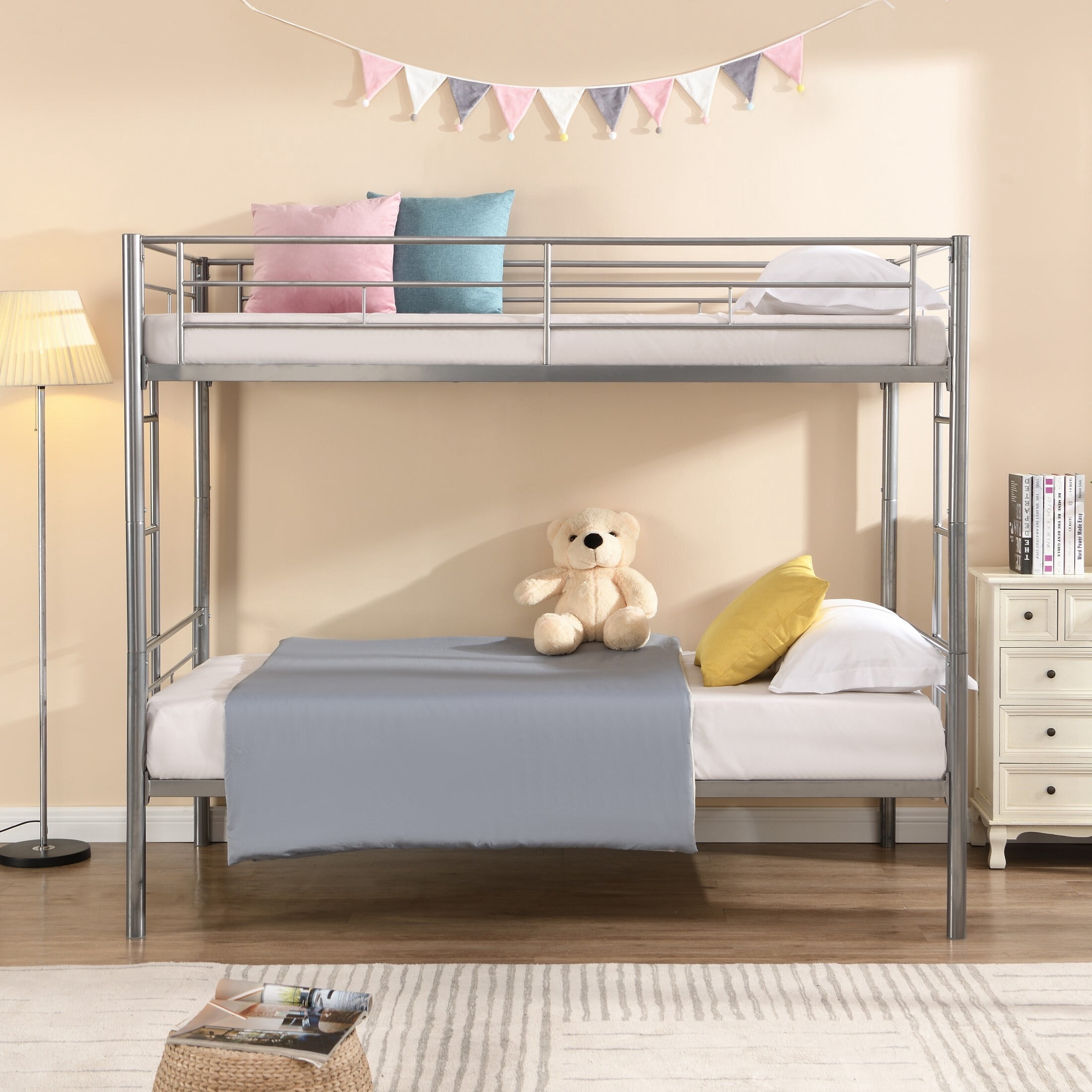 DEALTOPS Metal Bunk Bed Twin Over Twin, Durable Bunk Bed with Ladder and Full-Length Guardrail, Silver