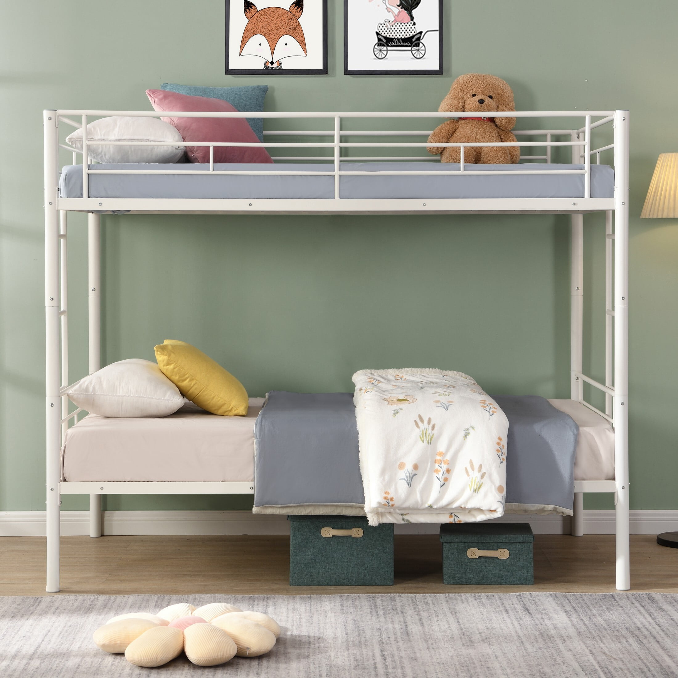 DEALTOPS Metal Bunk Bed Twin Over Twin, Durable Bunk Bed with Ladder and Full-Length Guardrail, White