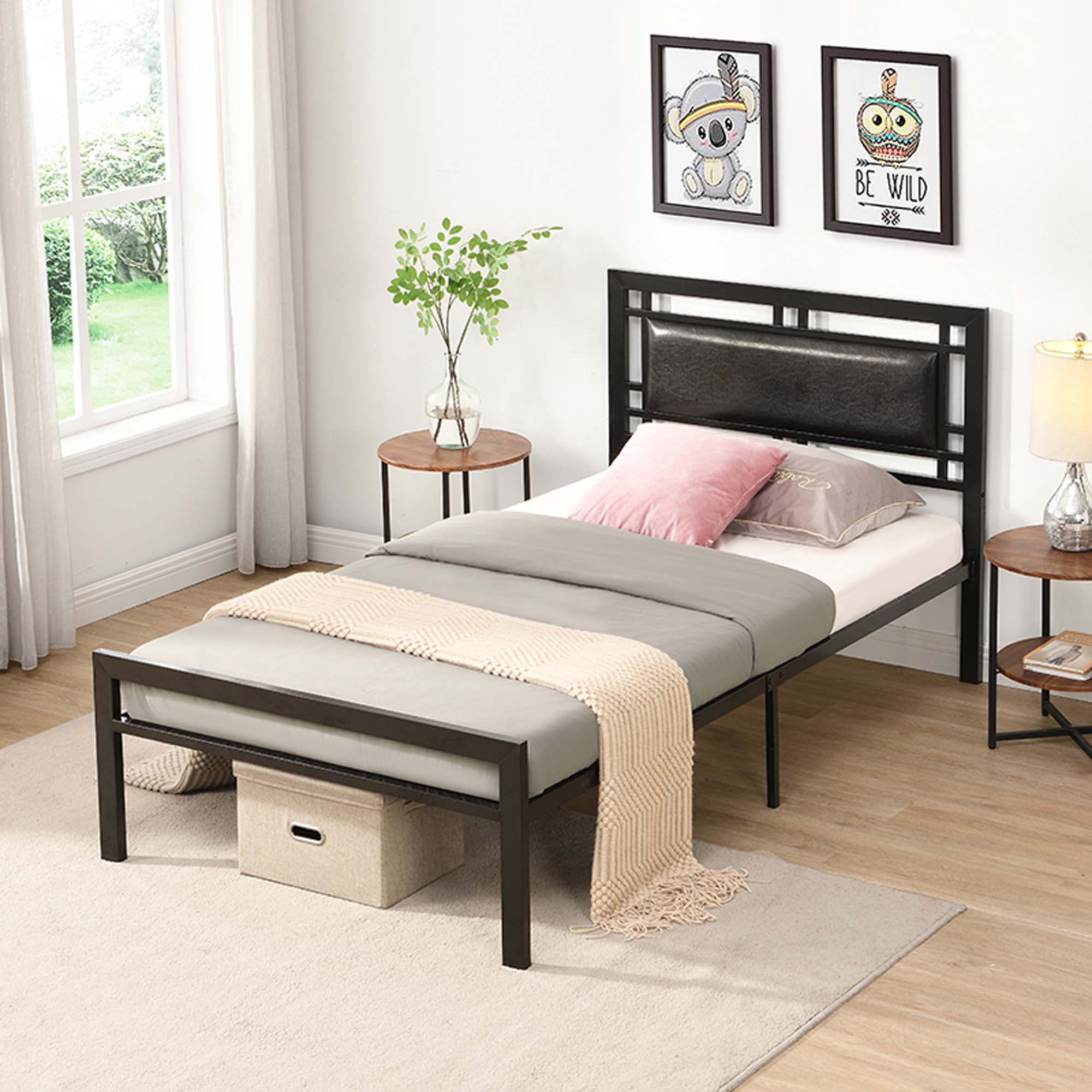 DEALTOPS Metal Platform Twin Bed Frames with Headboard Heavy Duty Steel Slat Support No Noise, Black