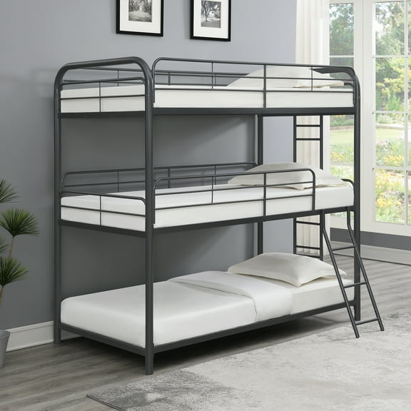 DEALTOPS Metal Triple Bunk Beds Twin Over Twin Over Twin Size Bed with 2 Ladders for Adults, Teens, Black