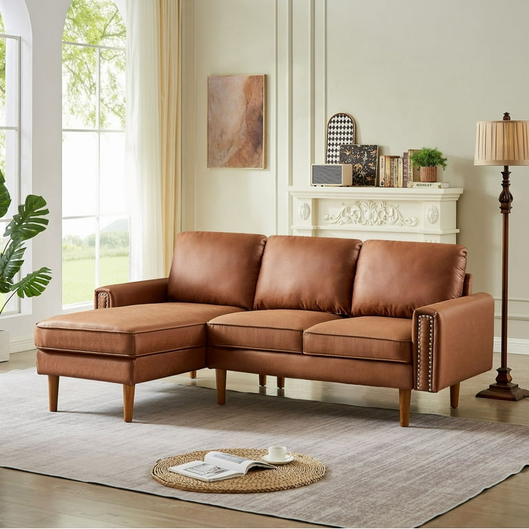 Dealtops Mid Century L Shaped Sofa Couch Sectional Couch with Right Chaise and Copper Nails Brown