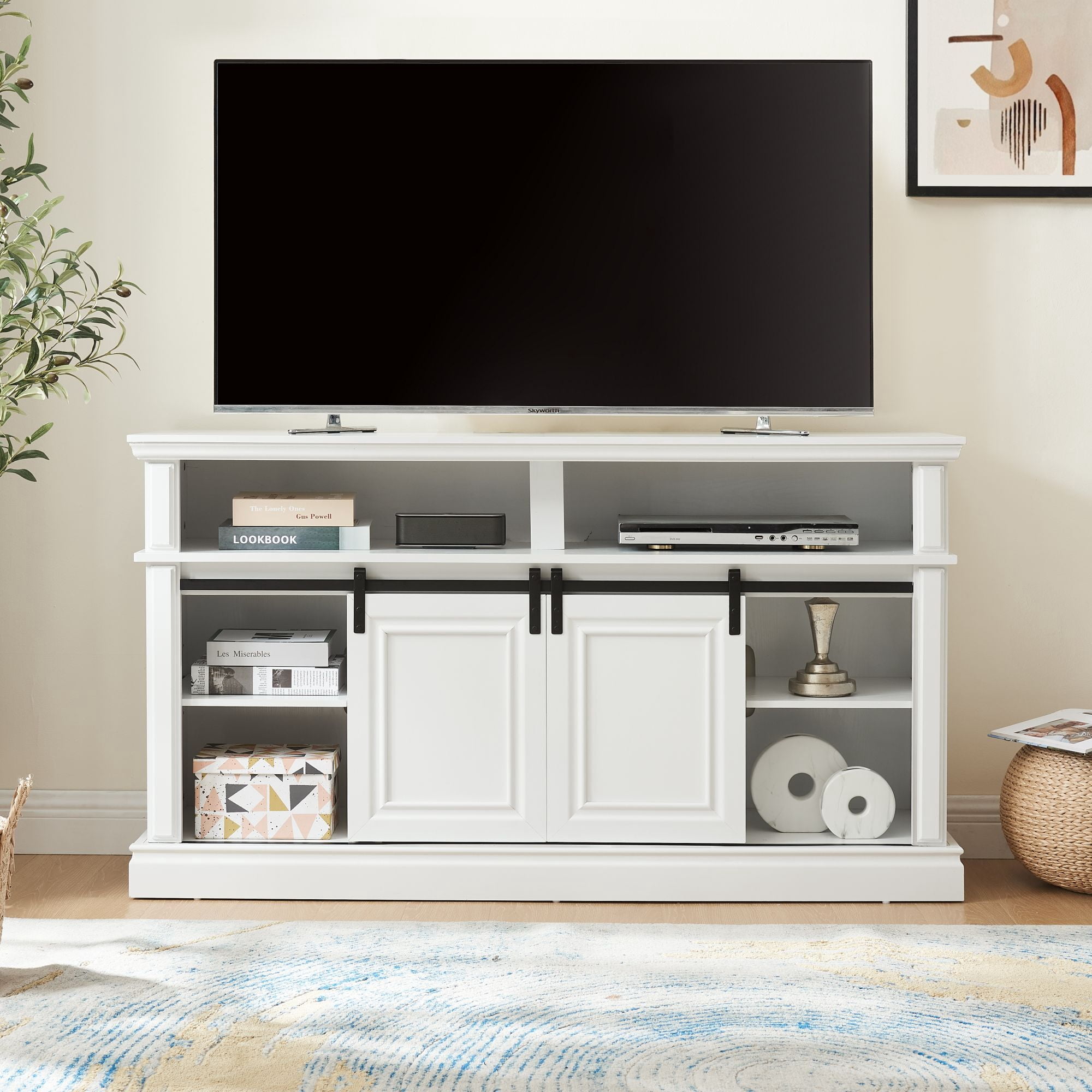 DEALTOPS Mid Century TV Stand Console Table with Spacious Space and Sliding Doors for TVs Up to 65'', Antique White