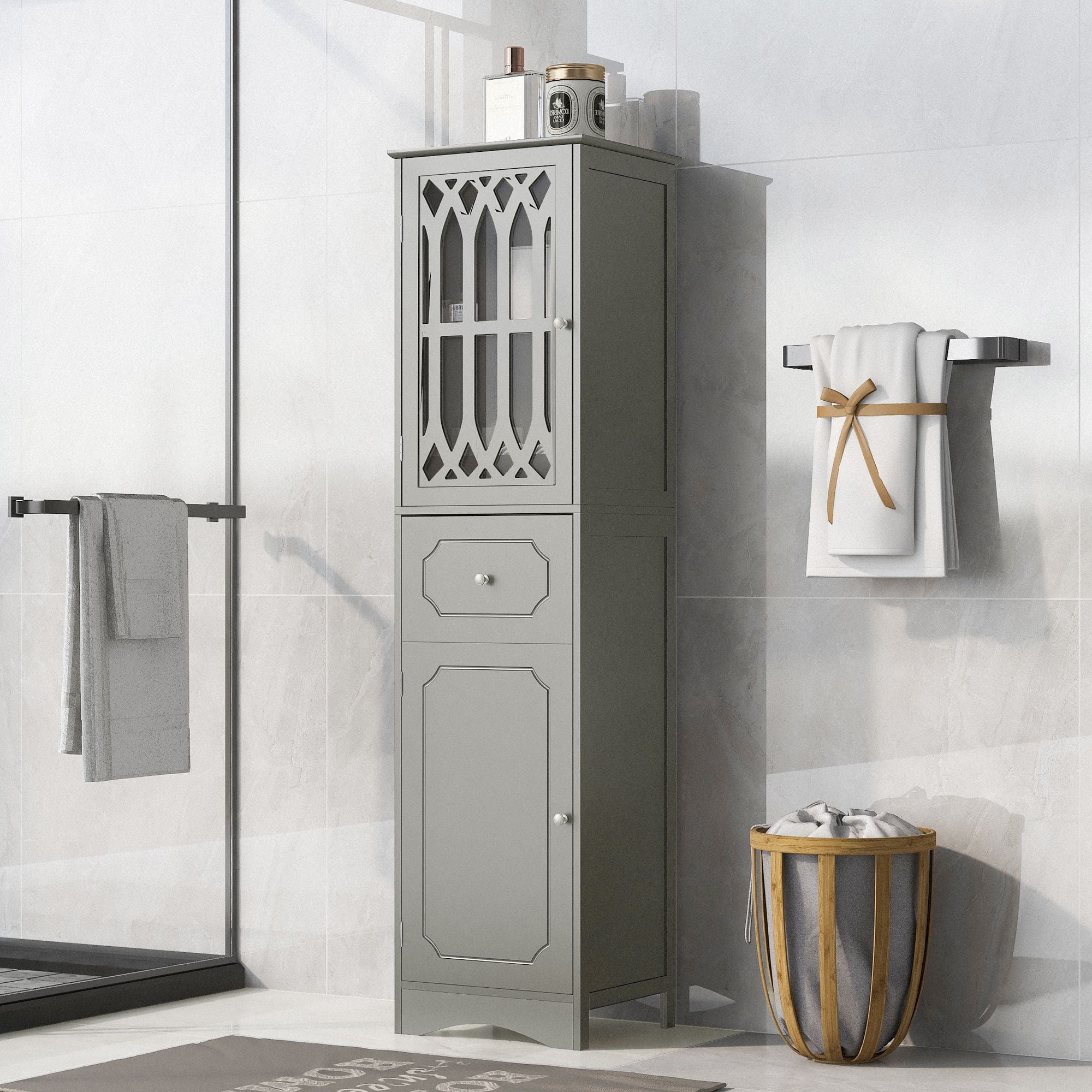 DEALTOPS Modern Bathroom Cabinet with Drawer and 2 Cabinets, Slim Freestanding Storage Cabinet with adjustable shelf for Bathroom - Gray