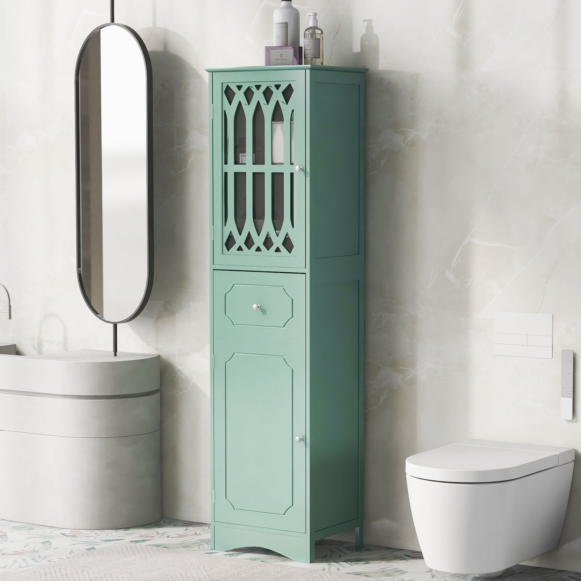 DEALTOPS Modern Bathroom Cabinet with Drawer and 2 Cabinets, Slim Freestanding Storage Cabinet with adjustable shelf for Bathroom - Green