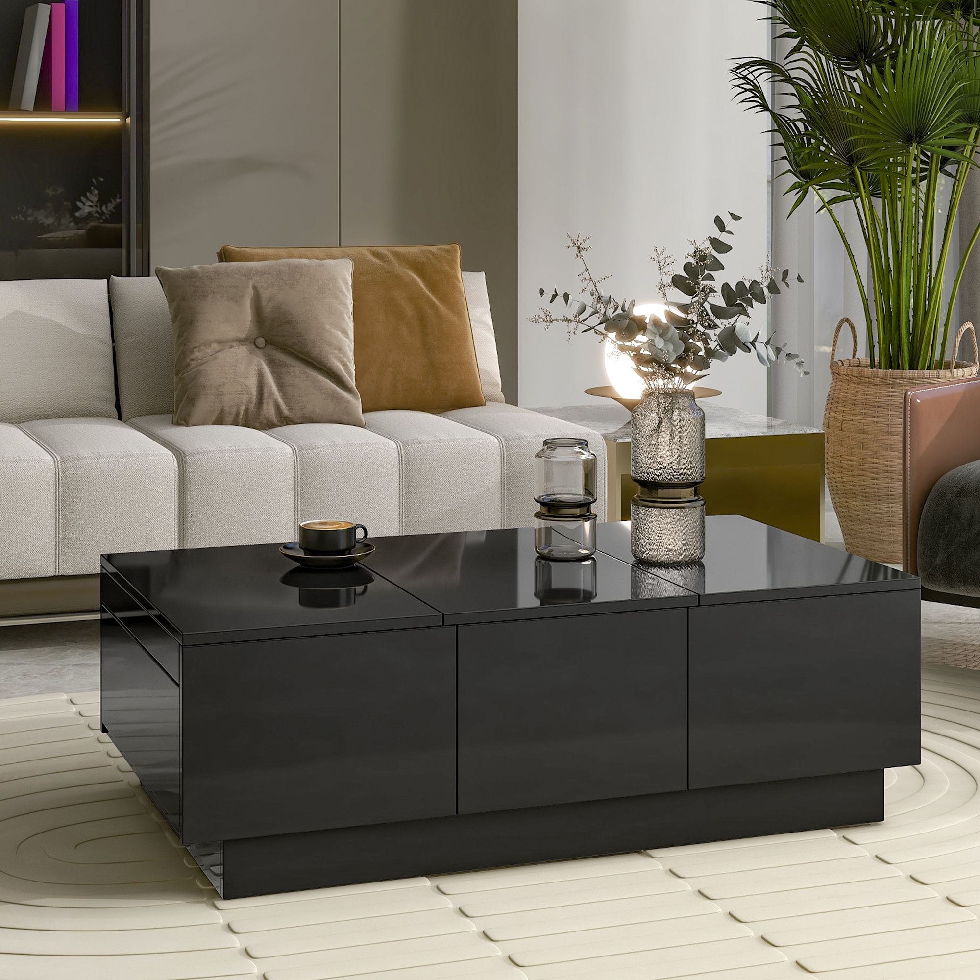 DEALTOPS Modern Coffee Table with Sliding Top and 2 Hidden Storage Compartments, High-gloss End Table with 2 Drawers for Living Room -Black