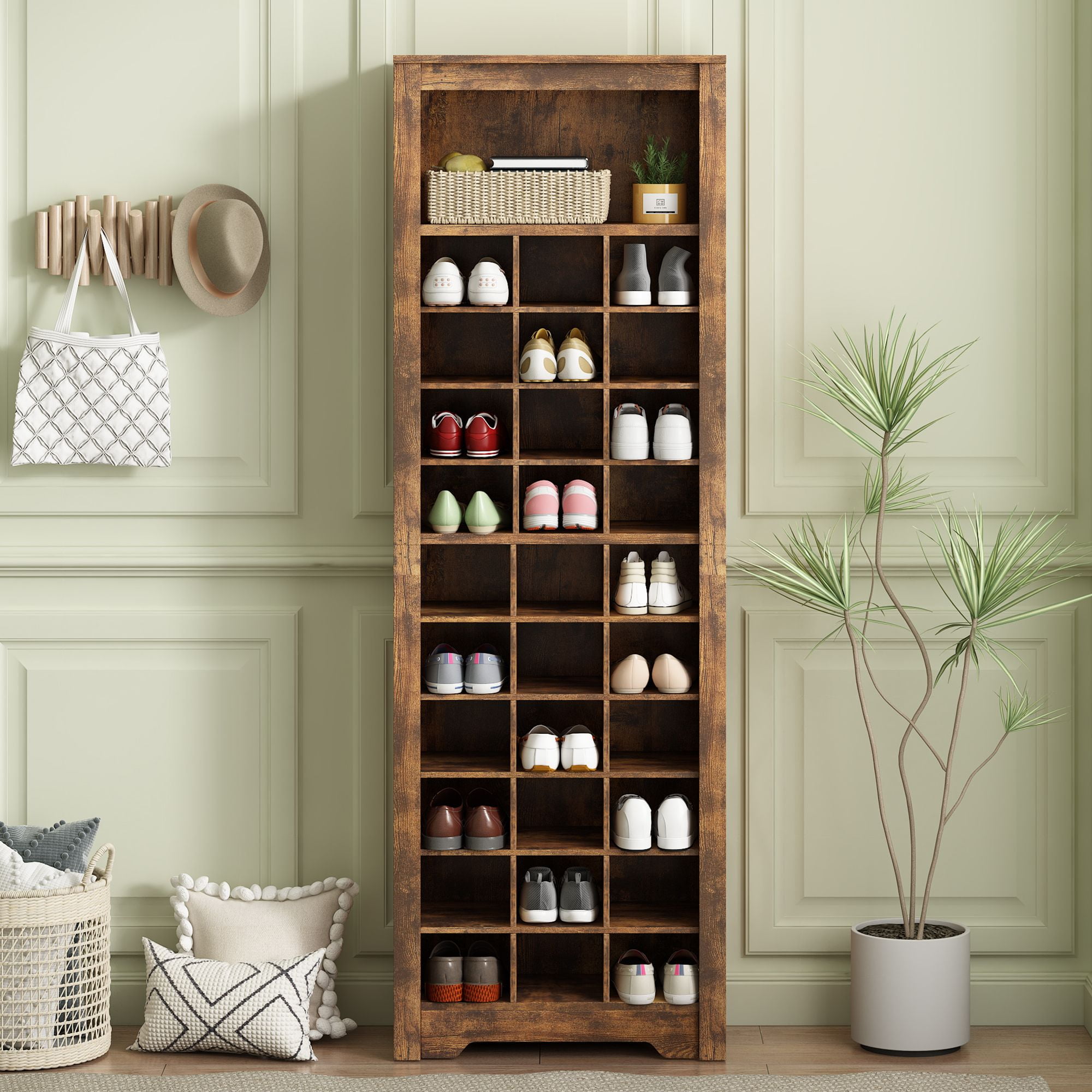 DEALTOPS Modern Freestanding Shoe Cabinet with 30 Square Shoe Compartments, Tall Stylish Shoe Rack with Large Storage Capacity for Entryway - Rustic Brown